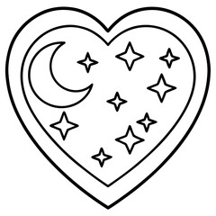 Moon and stars in a heart pattern line art vector