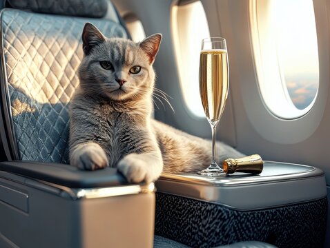 Cat enjoys a first-class flight experience, lounging beside a glass of sparkling beverage with an airplane window in the background.