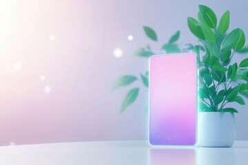 Futuristic smartphone with holographic interface on minimalist desk surrounded by greenery and soft lighting