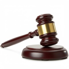 Wooden gavel with gold band resting on white background