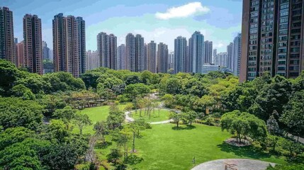 Fototapeta premium Lush green park amidst towering urban buildings. Tranquil urban oasis