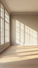 Obraz premium Sunlight streams through tall windows, casting elegant shadows on pristine wooden floors in an empty, minimalist interior with soft neutral tones