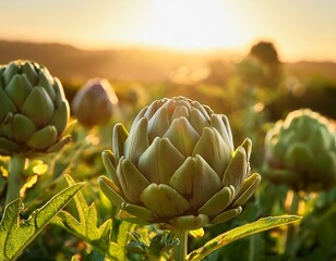 close up view of vibrant green artichoke plants growing in a field backlit by golden sunlight