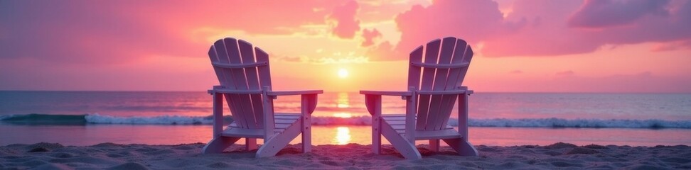 Sunset paints pink sky, two white Adirondack chairs face ocean, sandy beach , peaceful, warm, ocean