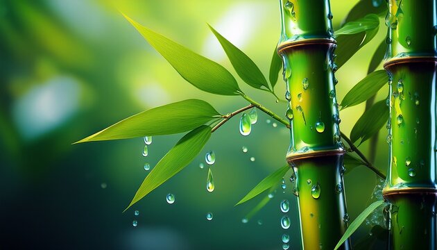 a close up of a bamboo stalk with droplets of water and sap oozing from its surface surrounded by lush green foliage