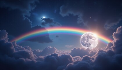 Mystical night sky, moon, rainbow