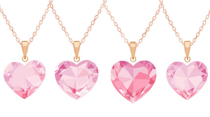 Pink Heart Necklaces with Gold Chains on White Background
