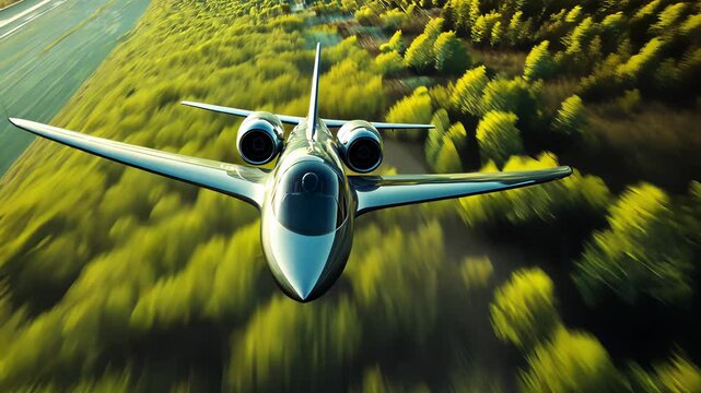 Jet soaring over lush landscape showcasing stunning aerial views during clear sunny day