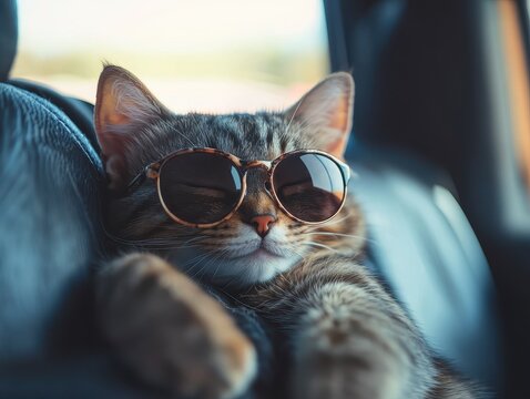 Cool cat wearing round sunglasses, lounging on a dark seat, looking relaxed and content, embodying chill vibes on a road trip.