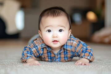 Adorable Baby Boy Crawling Indoors on Rug in Cozy Flannel Shirt
