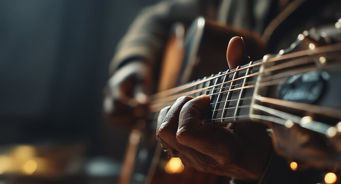Close-up of a guitar in the hands of a musician. Copy space