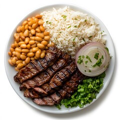 Brazilian "prato feito (PF)" with rice, salad, beans and meat