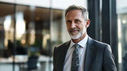 Confident businessman in suit and tie in a modern office building.