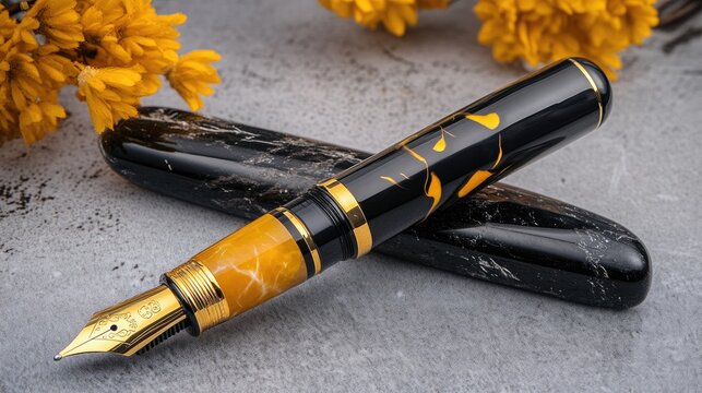 Fountain pen with golden nib placed across antique love letter, retro vibes in every detail. -