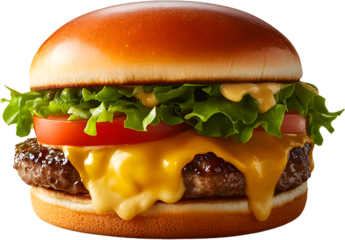 burger with salad and melted cheese isolated on white background