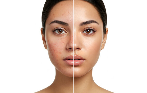 Portrait of a beautiful European woman with acne before and after treatment, showing healthy skin transformation. Closeup photo of female acne-prone skin problem with pimples and red acne scars