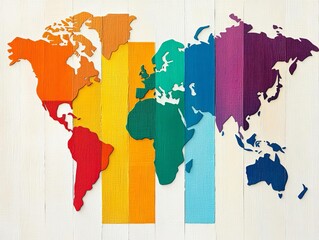 Colorful wooden world map design on a white background for creative projects.