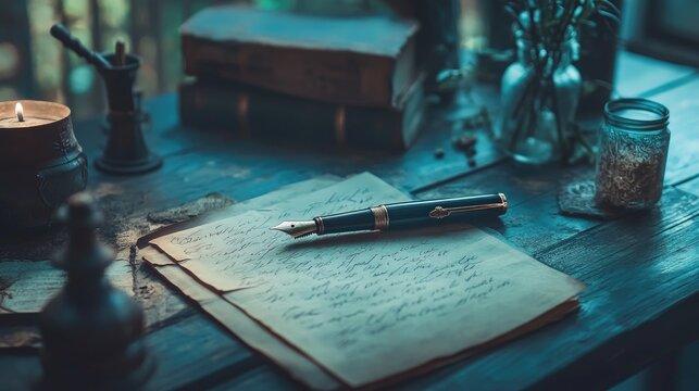 Vintage fountain pen resting on an aged handwritten letter in elegant copperplate script.