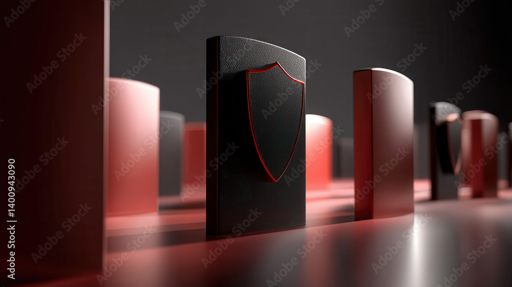 Aufkleber black and red shields symbolizing cybersecurity and protection, arranged in futuristic setting with 