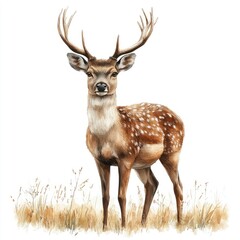 Obraz premium Majestic stag in a golden meadow. A detailed illustration of a deer, showcasing its intricate features and the environment it inhabits