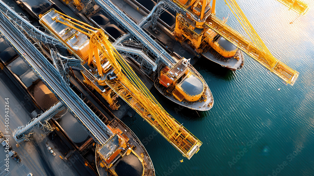 Poster aerial view of coal terminal with automated loading systems, featuring conveyor belts and large carg