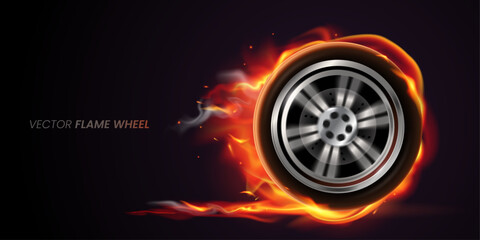 Fast spinning car wheel with fire. Burning wheel with blurred motion effect in realistic 3d style on black background. Element for your design. Vector illustration.
