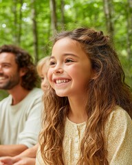 Fototapeta premium Travel experience family trip. Young Girl Smiling Joyfully in Forest with Family Outdoors