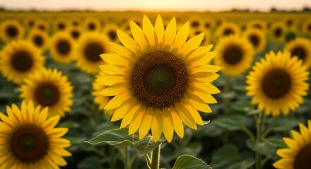 Obraz premium Field of sunflowers in full bloom, radiant and golden, stretching towards the soft light of dusk. Natural beauty abounds.