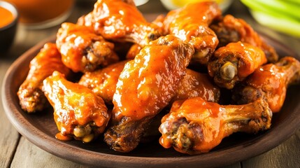 A pile of crispy buffalo chicken wings drenched in vibrant orange sauce, arranged on a plate for a mouthwatering snack or meal