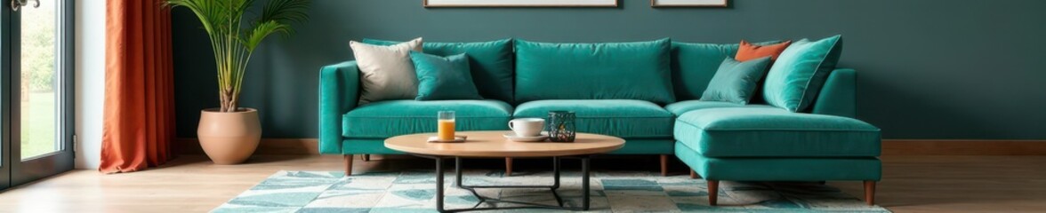 Velvet teal sofa, geometric rug, coffee table, geometric, comfortable, accent chair