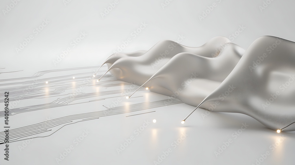 Poster abstract 3d render flowing fabric over circuit board futuristic tech concept