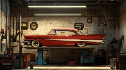 Classic Red Car on Lift Inside a Vintage Auto Repair Shop