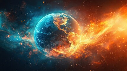 A vibrant globe of Earth is encircled by glowing energy streams in blue and orange hues.