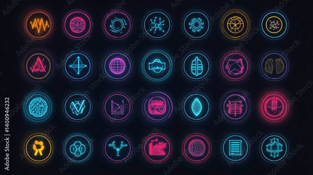 Poster futuristic glowing icons set for science and technology projects and ui design elements vector art 3