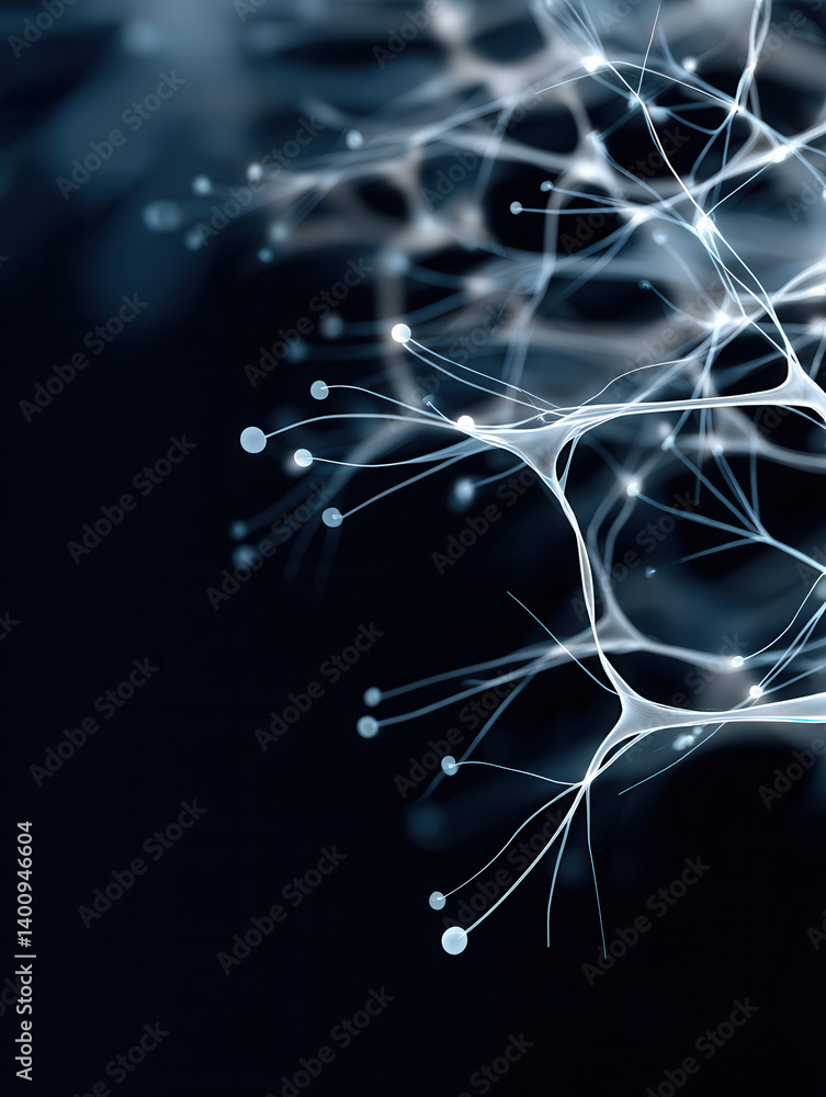 Poster abstract neural network with glowing nodes and interconnected lines on dark background, evoking futu