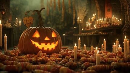 Spooky Halloween Jack o  lantern with Candles and Candy