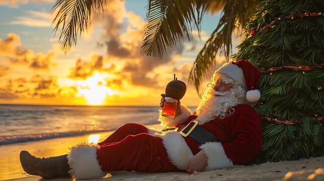 Santa relaxing under tropical Christmas tree made of palm leaves sipping a coconut drink while gazing at the sunset