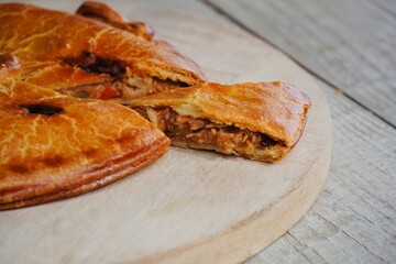 Traditional Galician Empanada with Tuna and Vegetables.