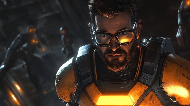 Fototapeta Man in Futuristic Suit with Glowing Detail in Dark Environment Action