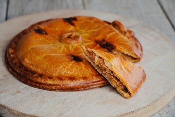 Traditional Galician Empanada with Tuna and Vegetables.