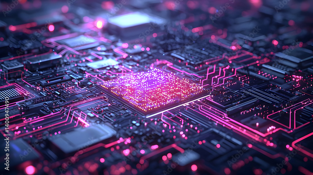 Poster high tech circuit board with glowing components