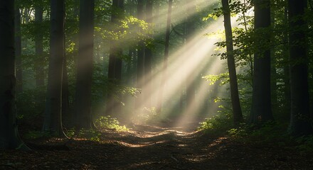 Sunlight filters through tall trees in a serene forest, creating a magical atmosphere along a winding path with soft light shafts.