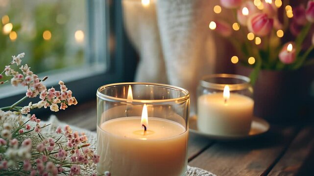 Enjoying tranquility with scented candles and fresh flowers in a cozy indoor setting during the evening