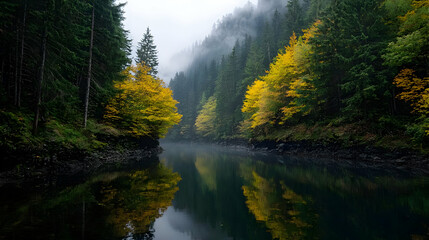 Fototapeta premium Autumn Foliage Reflecting In Calm River