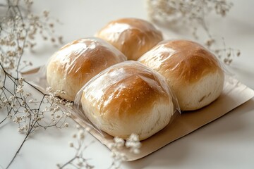 Four Buns Wrapped In Plastic On A Paper Surface