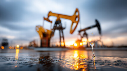Oil pumpjacks at sunset with water droplet in focus, symbolizing energy transition and environmental impact