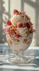Delicious ice cream sundae topped with fresh raspberries and crunchy toppings in bright sunlight