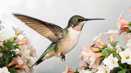 Fototapeta premium Hummingbird in Flight Amidst Delicate Pastel Flowers