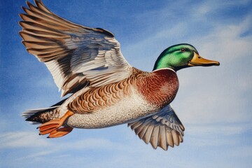 Obraz premium A mallard duck flies through a blue sky with wings spread.