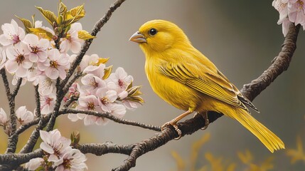 Yellow Canary Perched on Cherry Blossom Branch in Springtime